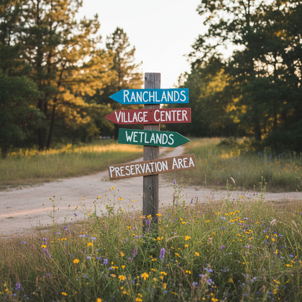 A neat cluster of small, hand-painted wooden directional signs at a rural crossroads, each arrow pointing toward “Ranchlands,” “Village Center,” “Wetlands,” and “Preservation Area,” mounted on a central cedar post. Surrounding the post are wild grasses, native flowers, and a narrow, well-worn dirt path that winds into the background between clusters of pine and oak. Golden hour light creates a warm, inviting glow, with soft, elongated shadows stretching across the ground. Photographic realism, slightly elevated angle, with the signs sharply in focus and the path gently blurred in the distance. The mood is hopeful, organized, and community-focused, suggesting thoughtful choices about growth, conservation, and shared direction.