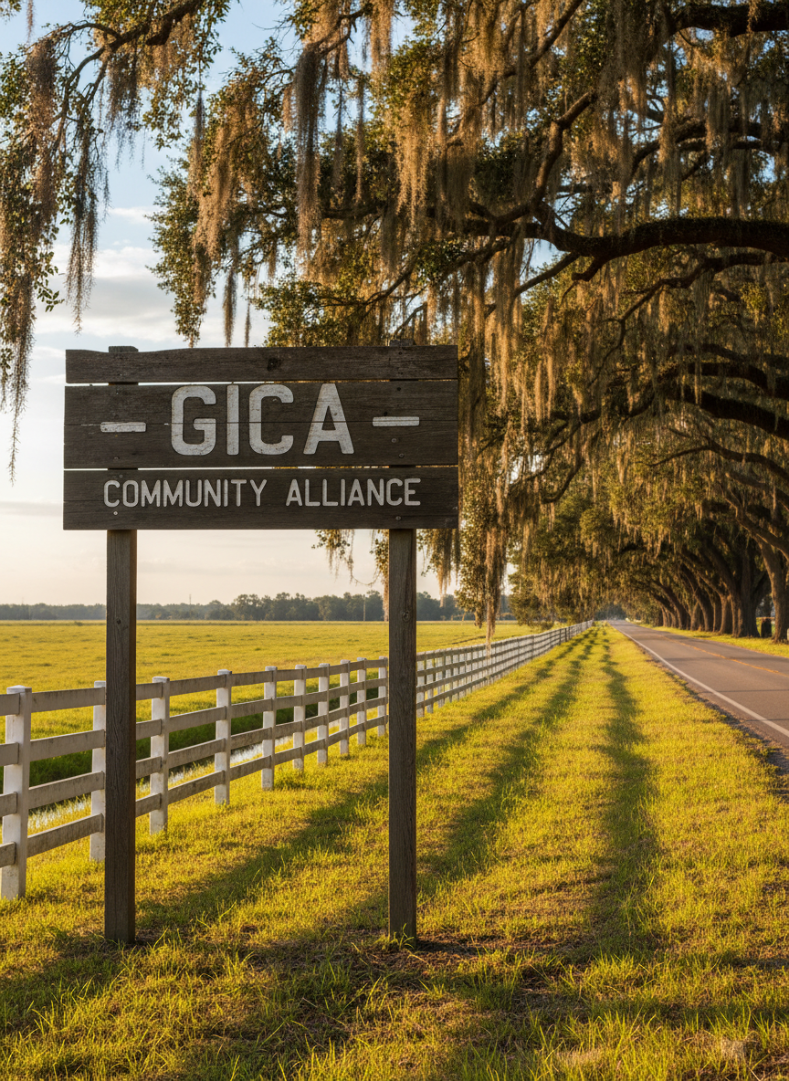 A weathered wooden welcome sign reading “GICA – Community Alliance” stands at the edge of a two-lane rural road lined with live oaks draped in Spanish moss. Behind it, open pastureland stretches toward a distant tree line, with a white rail fence and a small irrigation canal reflecting the sky. Late-afternoon golden hour sunlight casts long, warm shadows across the grass and adds a gentle glow to the sign’s carved letters. Photographic realism, eye-level composition with the sign on the rule of thirds, crisp focus on the foreground and a soft, natural bokeh in the background. The mood is calm, protective, and rooted in rural heritage, evoking a sense of place and community stewardship.