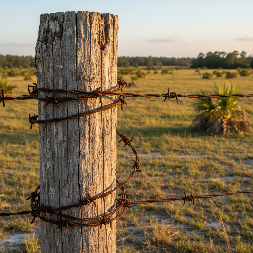A close-up, photographic realistic view of a sturdy, weathered fence post of rough-hewn cypress, wrapped with rusted yet strong barbed wire, standing at the boundary of a sunlit pasture near Indiantown. Beyond the post, out-of-focus grazing land, palmettos, and a distant tree line evoke Florida’s rural character. Warm late-afternoon light grazes the wood, revealing intricate textures, cracks, and subtle lichen, while casting a clean, elongated shadow across the short grass. The composition uses a shallow depth of field with the fence post anchored on the left third of the frame. The mood is protective, enduring, and quietly resolute, symbolizing safeguarding community boundaries and preserving rural heritage.