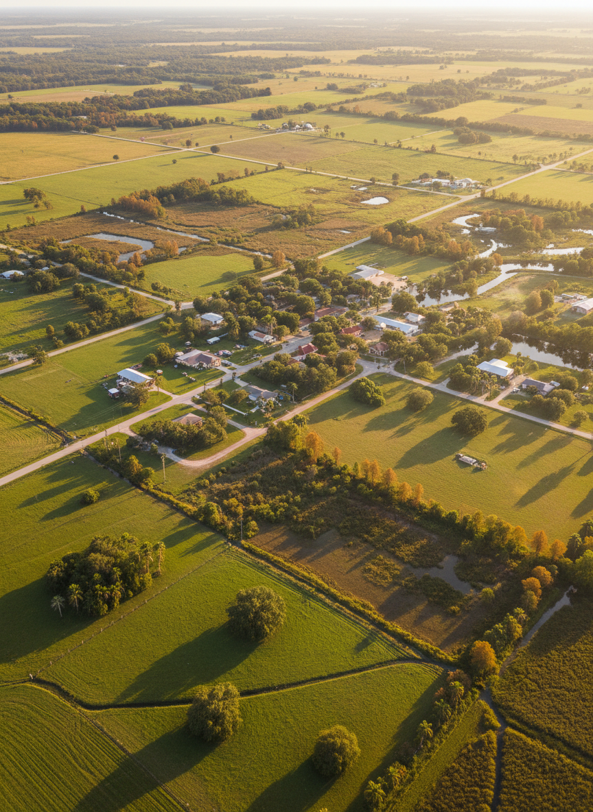 An expansive aerial view of a rural landscape surrounding Indiantown, with patchwork fields, winding canals, clusters of native trees, and a small town center nestled among them. Photographic realism captures the textures of mowed pasture, wetlands, and gravel roads. The sun is low in the sky, creating a warm, diffused glow that highlights the contours of the land and glints softly off the water channels. Composition is a wide cinematic panorama from a bird’s-eye perspective, with sharp detail throughout. The atmosphere feels peaceful yet purposeful, conveying collective responsibility for land use, growth, and self-governance in preserving the community’s way of life.