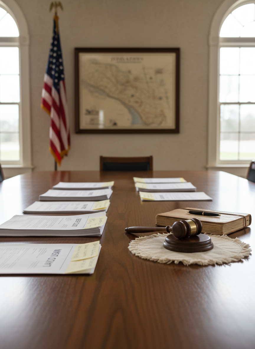 A polished wooden meeting table in a modest rural civic hall, covered with neatly arranged documents labeled “Land Use Plan,” “Zoning,” and “Community Charter,” alongside a worn leather-bound notebook and a small brass gavel resting on a linen pad. An American flag and a framed map of Indiantown’s surrounding countryside hang slightly out of focus on the wall. Soft, overcast daylight filters through high windows, creating gentle, even lighting with subtle shadows along the table’s grain. Photographic realism, shot at eye level with a shallow depth of field that keeps the documents in sharp focus. The mood is serious, orderly, and professional, emphasizing thoughtful local self-governance and community decision-making.