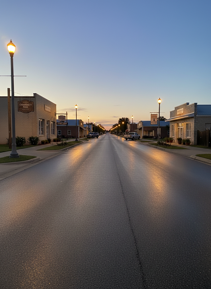 An orderly rural streetscape in Indiantown at dusk, featuring a simple two-lane road bordered by modest, well-kept one-story civic and agricultural buildings, each with small signs indicating services like “Community Hall,” “Farm Co-op,” and “Heritage Center.” Streetlights have just turned on, casting a warm amber glow that reflects off the pavement and mixes with the remaining cool blue of the evening sky. Photographic realism, captured from a low angle at curb level, with strong leading lines drawing the eye down the street. The atmosphere is safe, stable, and quietly industrious, suggesting a community that is both rooted in tradition and actively engaged in its own governance and future.