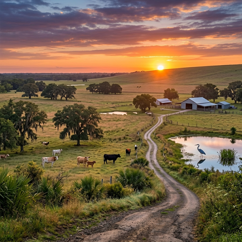 Winding dirt road through green fields and trees with morning mist and sunrise